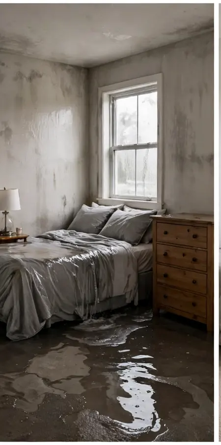 Bedroom with a soaked carpet and damp walls