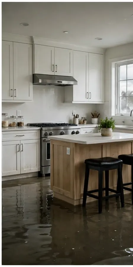 Kitchen floor covered with water after a leak
