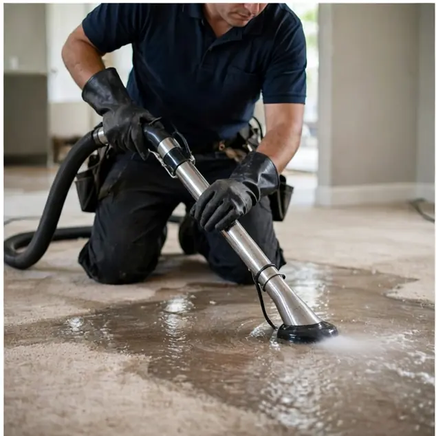 Technician removing standing water from a carpet with a commercial extraction wand