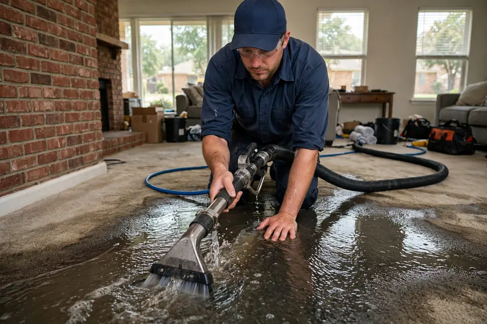 Technician extracting standing water from a carpet inside a brick home in Dallas